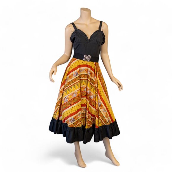 Vintage 50s Dress – Black Bodice with Vibrant Bohemian Patchwork Pattern… - Picture 1 of 15